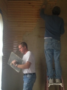 Wayne and John plastering upstairs in Slave Quarters